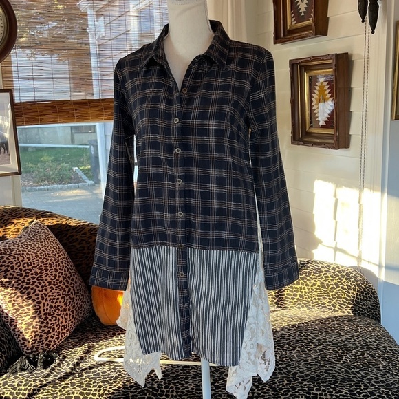 A'Reve Tops - A'Reve Long Sleeve Navy Plaid with Lace